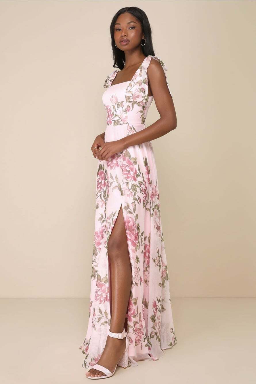 Lulus Love Me Forever Pink Floral Tie-Strap Square Neck Maxi Dress size S FLAW